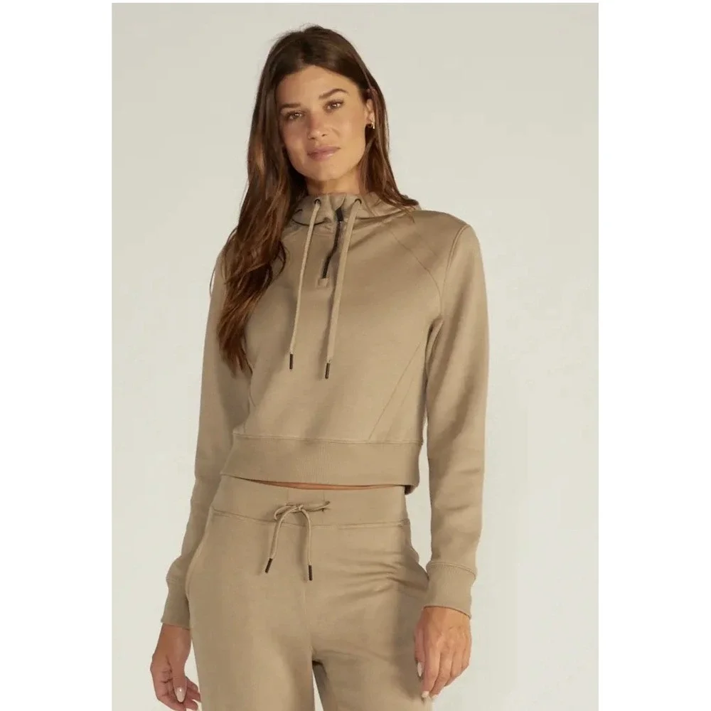 BYLT Opal Fleece Quarter-Zip Hoodie Womens S Driftwood Cropped Athleisure New